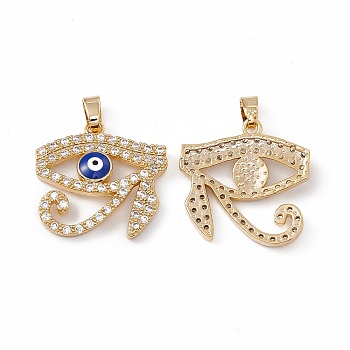 Brass Micro Pave Cubic Zirconia Pendants, with Glass Rhinestone, Enamel Evil Eye Charm, Eye of Ra Charm, Real 18K Gold Plated, Clear, 20.5x21x3.5mm, Hole: 5x2.5mm