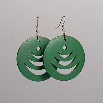 Flat Round Hollow Wood Dangle Earrings, with Platinum Plated Iron Earring Hooks, Green, 70x49mm, Pin: 0.8mm