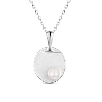 SHEGRACE Rhodium Plated 925 Sterling Silver Pendant Necklaces, with Freshwater Pearl Beads, Sports Beads, Table Tennis Bat, Platinum, 15.7 inch (40cm)