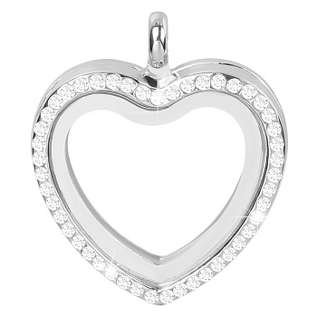 Alloy & Glass Floating Locket Pendants, with Rhinestone and Magnet, Heart Charm, Platinum, 35x30x7mm