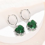 Valentine's Day Heart Brass & Glass Hoop Earrings, Lead Free & Cadmium Free, Long-Lasting Plated, Rack Plating, Platinum, Sea Green, 28x12.5mm(EJEW-Z164-23P-04)