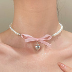 Plastic Pearl Beaded Choker Necklaces, Alloy Heart Pendant Necklaces, Platinum, Pink, 18.11 inch(46cm)(WH-WG9028C-01)