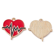 Alloy Enamel Pendants, Light Gold, Heart with Heartbeat Charm, Red, 21x20x2mm, Hole: 1.6mm(ENAM-C008-09KCG)