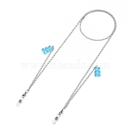 304 Stainless Steel Eyeglasses Chains, Neck Strap for Eyeglasses, with Bear Resin Pendants and Rubber Loop Ends, Stainless Steel Color, Light Sky Blue, 27.95 inch(71cm)(AJEW-EH00207-01)