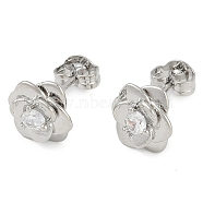 Rack Plating Flower Brass Pave Clear Cubic Zirconia Stud Earrings for Women, Long-Lasting Plated, Lead Free & Cadmium Free, Platinum, 9x9mm(EJEW-Z059-09P)