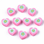 Handmade Polymer Clay Beads, Heart with Flower Pattern, Pearl Pink, 9x9~10x4~5mm, Hole: 1.5mm(CLAY-N011-013E)