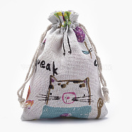 Polycotton(Polyester Cotton) Packing Pouches Drawstring Bags, with Printed Cat and Mouse, Old Lace, 14x10cm(X-ABAG-T006-A08)