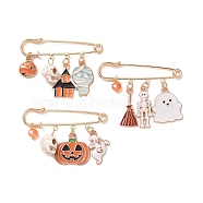 3Pcs 3 Style Halloween Skull & Ghost & Pumpkin Enamel Safety Pin Brooch, Golden Alloy Badges for Backpack Clothes, Mixed Color, 19~42x49.5x4.5mm, 1Pc/style(JEWB-TA00012)