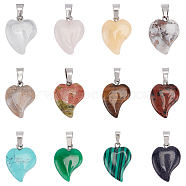 Elite Natural & Synthetic Mixed Gemstone Pendants, with Brass Bails, Heart, Platinum, 21~23x14~15x5~6mm, Hole: 2x6mm, 12 materials, 1pc/material, 12pcs/box(G-PH0001-30P)