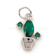 Brass Micro Pave Cubic Zirconia Charms, with Jump Ring, Cactus, Green, Real Platinum Plated, 11x7x2.5mm, Hole: 2.5mm(ZIRC-G169-08P)