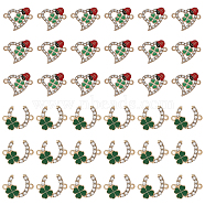 36Pcs 2 Styles Alloy Crystal Rhinestone Connector Charms, with Enamel, Light Gold, C Shape with Clover & Heart with Ladybird, Mixed Color, 18~20x16~23x2.5~3mm, Hole: 1.6~1.8mm, 18pcs/style(FIND-CA0006-80)