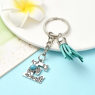 Alloy with Resin Imitation Synthetic Turquoise Keychain, with Tassel Pendant and Iron Rings, Letter E, 8cm, Pendant: 26~35mm(KEYC-YW00087-05)