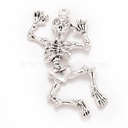Halloween Tibetan Style Alloy Pendants, Skeleton, Antique Silver, 49x27x3.5mm, Hole: 2mm(FIND-B007-01AS)