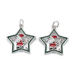 Christmas Themed Brass Micro Pave Cubic Zirconia Pendants, with Enamel and Jump Ring, Long-Lasting Plated, Star with Santa Claus, Real Platinum Plated, 19.5x18x2mm, Jump Ring: 5x0.7mm, 3.6mm Inner Diameter(X-ZIRC-L101-05P)