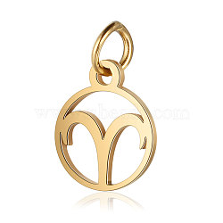 201 Stainless Steel Charms, with Jump Rings, Polished, Flat Round with Constellation, Golden, Aries, 13x11x1mm, Hole: 2.5mm(STAS-T036-T513-1)