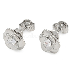 Rack Plating Flower Brass Pave Clear Cubic Zirconia Stud Earrings for Women, Long-Lasting Plated, Lead Free & Cadmium Free, Platinum, 9x9mm(EJEW-Z059-09P)