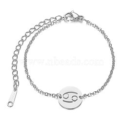 201 Stainless Steel Link Bracelets, with Cable Chains and Lobster Claw Clasps, Flat Round with Constellation, Cancer, 6 inch~6-3/4 inch(15~17.5cm), 1.5mm(STAS-T040-JN009-4)