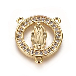 Brass Cubic Zirconia Chandelier Component Links, 3 Loop Connectors, Religion, Flat Round with Virgin Mary, Clear, Golden, 19x17x2mm, Hole: 1mm(ZIRC-F108-04G)