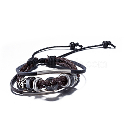 Adjustable Casual Unisex Zinc Alloy and Braided Leather Multi-strand Bracelets, Coconut Brown, 300mm(BJEW-BB15639-A)