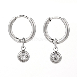 304 Stainless Steel Huggie Hoop Earrings, with Rhinestone Birthstone Charms, Flat Round, Crystal, Stainless Steel Color, 22mm, Pin: 1mm(EJEW-JE04449-02)