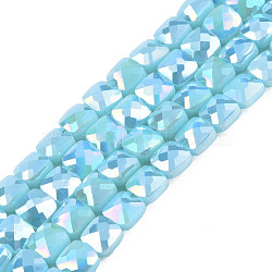 Electroplate Opaque Solid Color Glass Beads Strands, AB Color Plated, Faceted, Square, Sky Blue, 6.5x6.5x4.5mm, Hole: 1.2mm, about 97~99Pcs/strand, 25 inch(63.5cm)(EGLA-N002-43-03)
