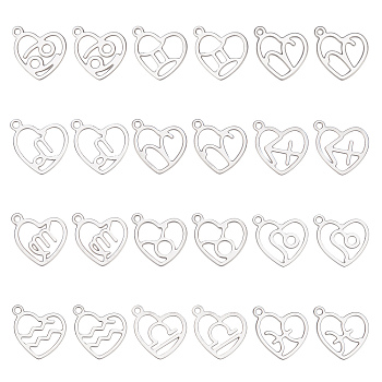 24Pcs 12 Style 304 Stainless Steel Pendants, Laser Cut, Heart with Constellation, Stainless Steel Color, 15.5x12.5x0.6mm, Hole: 1.5mm, 2pcs/style