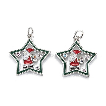 Christmas Themed Brass Micro Pave Cubic Zirconia Pendants, with Enamel and Jump Ring, Long-Lasting Plated, Star with Santa Claus, Real Platinum Plated, 19.5x18x2mm, Jump Ring: 5x0.7mm, 3.6mm Inner Diameter