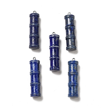 Natural Lapis Lazuli Pendants, Bamboo Stick Charms, with Stainless Steel Color Tone 304 Stainless Steel Loops, 45x12.5mm, Hole: 2mm