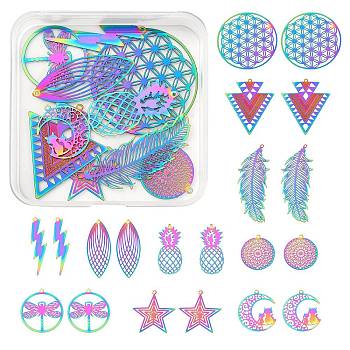 20Pcs 10 Style Ion Plating(IP) 201 Stainless Steel Filigree Pendants, Etched Metal Embellishments, Feather & Moon & Lightning & Rice & Kaleidoscope & Star & Pineapple & Triangle, Rainbow Color, 22~47x16~40x0.3~0.4mm, hole: 1~1.5mm, 2pcs/style
