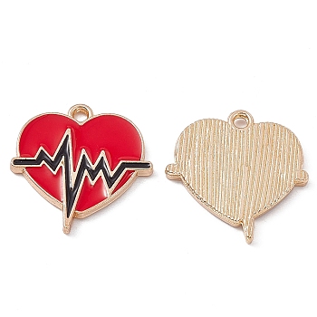 Alloy Enamel Pendants, Light Gold, Heart with Heartbeat Charm, Red, 21x20x2mm, Hole: 1.6mm