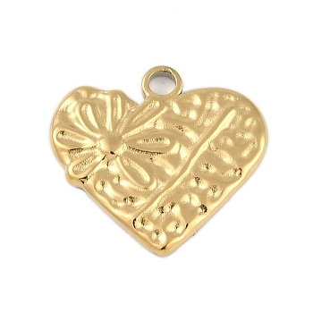 Ion Plating(IP) 304 Stainless Steel Pendants, Heart with Flower Charm, Real 18K Gold Plated, 18.5x20x2mm, Hole: 2mm