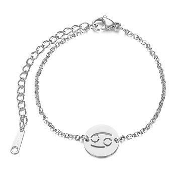 201 Stainless Steel Link Bracelets, with Cable Chains and Lobster Claw Clasps, Flat Round with Constellation, Cancer, 6 inch~6-3/4 inch(15~17.5cm), 1.5mm