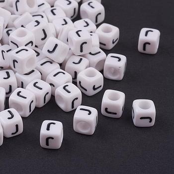 6MM Letter J White Letter Acrylic Cube Beads, Horizontal Hole, Size: about 6mm wide, 6mm long, 6mm high, hole: 3.2mm, about 300pcs/50g