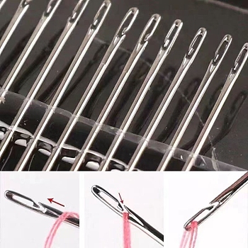 30Pcs Galvanized Iron Self Threading Hand Sewing Needles, Easy Thread Big Eye Needle for Older Blind, Platinum, 3.6~6.7x0.1~0.13x0.07~0.1cm