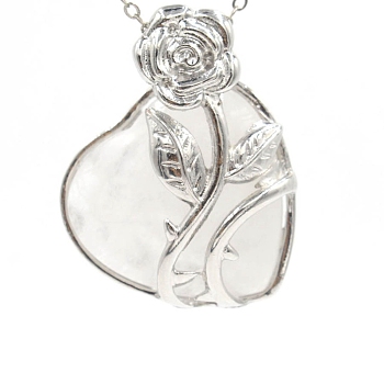 Valentine's Day Theme Natural Quartz Crystal Pendants, with Platinum Plated Brass Findings, Heart with Flower, 40x40mm