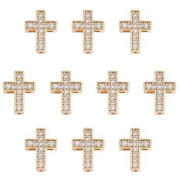 10Pcs Brass Micro Pave Clear Cubic Zirconia Beads, Cross, Real 18K Gold Plated, 13x10x4mm, Hole: 1mm