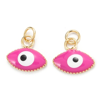Brass Enamel Pendants, Real 18K Gold Plated, Long-Lasting Plated, Evil Eye, Hot Pink, 10x11x2mm, Hole: 2.6mm