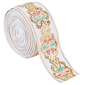 Flat Ethnic Style Embroidery Polyester Ribbons, Jacquard Ribbon, Garment Accessories, Single Face Floral Pattern, White, 1-3/4 inch(45mm), about 7.66 Yards(7m)/Roll