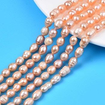 Natural Cultured Freshwater Pearl Beads Strands, Rice, Pearl Pink, 6.5~14.5x6~9mm, Hole: 0.8mm, about 31~42pcs/strand, 14.09''~14.37''(35.8cm~36.5cm)