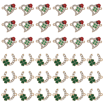 36Pcs 2 Styles Alloy Crystal Rhinestone Connector Charms, with Enamel, Light Gold, C Shape with Clover & Heart with Ladybird, Mixed Color, 18~20x16~23x2.5~3mm, Hole: 1.6~1.8mm, 18pcs/style