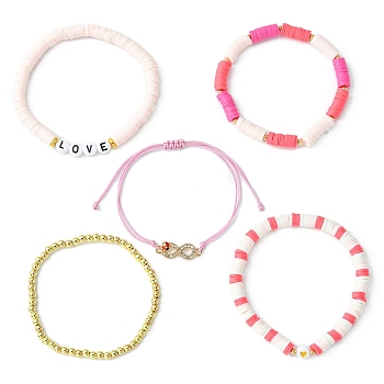 5Pcs 5 Style Polymer Clay Heishi & Word Love Beaded Stretch Bracelets Set, Brass Infinity Link Adjustable Bracelets, Mixed Color, Inner Diameter: 2-1/8~3-1/4 inch(5.5~8.2cm), 1Pc/style