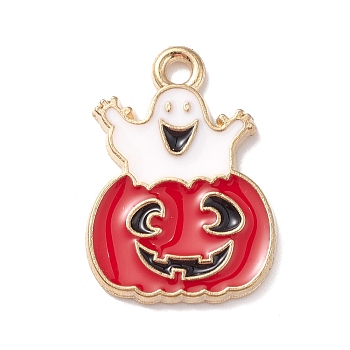 Halloween Alloy Enamel Pendants, Light Gold, Ghost with Pumpkin Charm, Red, 20x14.5x1mm, Hole: 1.6mm