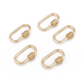 Brass Micro Pave Clear Cubic Zirconia Screw Carabiner Lock Charms, for Necklaces Making, Oval, Golden, 24.5~26x15.5x1.5mm, Screw: 6.5x6mm