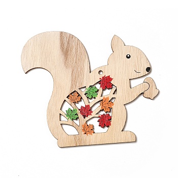 Single Face Printed Wood Big Pendants, Autumn Charms with Maple Leaf, Squirrel, 113x133x3mm, Hole: 4mm