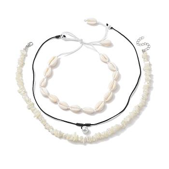 3Pcs Bohemia Natural Cowrie Shell & White Shell Beaded Necklaces, Holiday Beach ABS Plastic Imitation Pearl Beads Necklaces for Women Girls, White, 15.87 inch~26.14 inch(40.3mm~66.4cm)