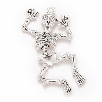 Halloween Tibetan Style Alloy Pendants, Skeleton, Antique Silver, 49x27x3.5mm, Hole: 2mm