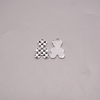 Alloy Enamel Pendants, Bear with Grid Pattern, Platinum, Black, 24x16.5x2.5mm, Hole: 2mm