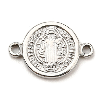 Religion 304 Stainless Steel Connector Charms, Flat Round with God & Holy Writ Links, Stainless Steel Color, 10x15x1.5mm, Hole: 1.4mm