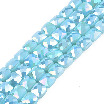 Electroplate Opaque Solid Color Glass Beads Strands, AB Color Plated, Faceted, Square, Sky Blue, 6.5x6.5x4.5mm, Hole: 1.2mm, about 97~99Pcs/strand, 25 inch(63.5cm)
