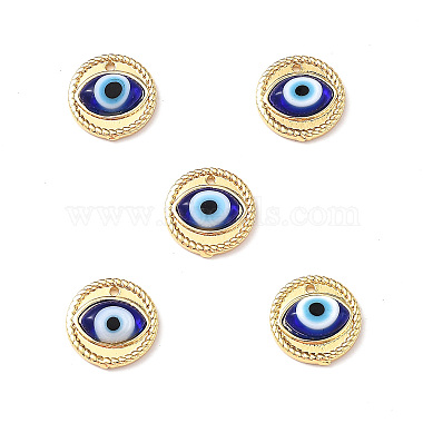 Real 18K Gold Plated Blue Flat Round Brass+Lampwork Pendants